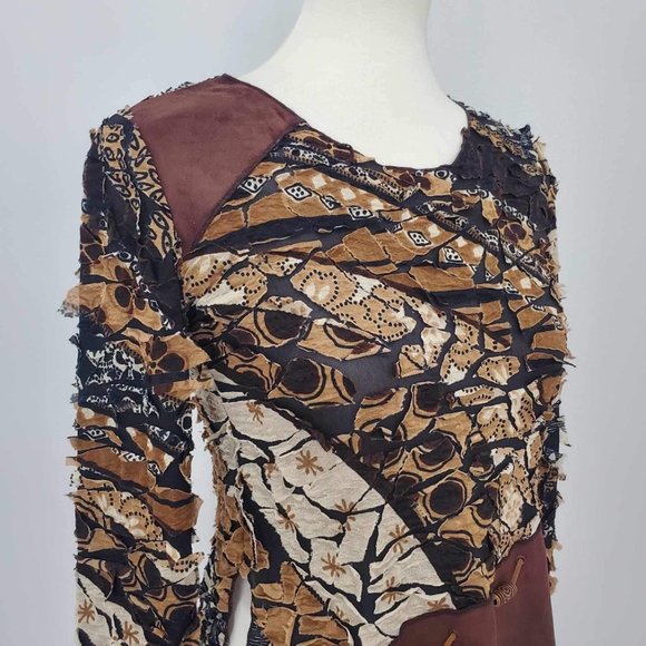 Punky Girl Brown Multi Print Distressed Beaded Top - Picture 10 of 15
